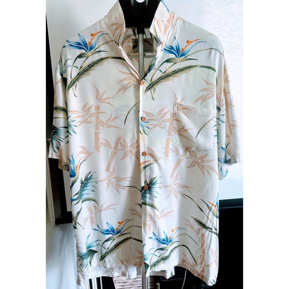 Paradise Found Bird of Paradise Hawaiian Ivory Shirt XL Rayon Aloha Vintage VTG